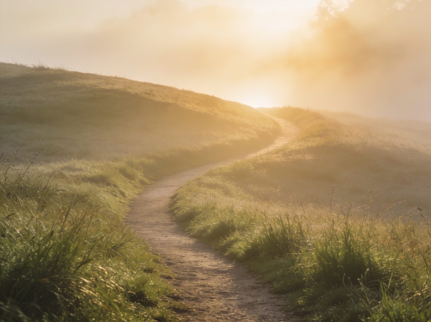 Weg durch goldenen Morgennebel – Sinnbild für den Trauerweg